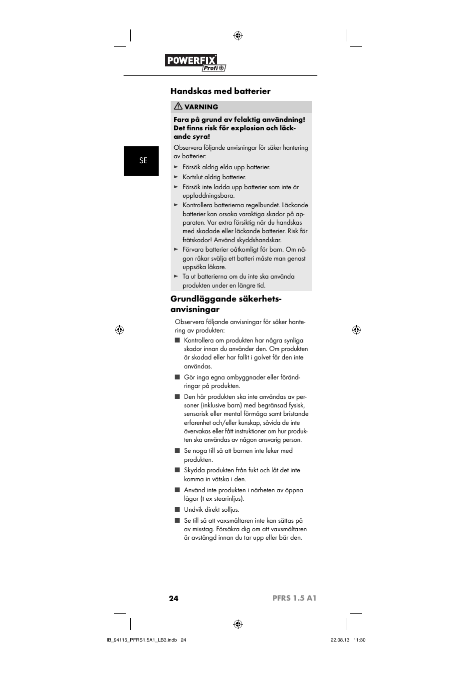 Se handskas med batterier, Grundläggande säkerhets- anvisningar | Powerfix PFRS 1.5 A1 User Manual | Page 27 / 74