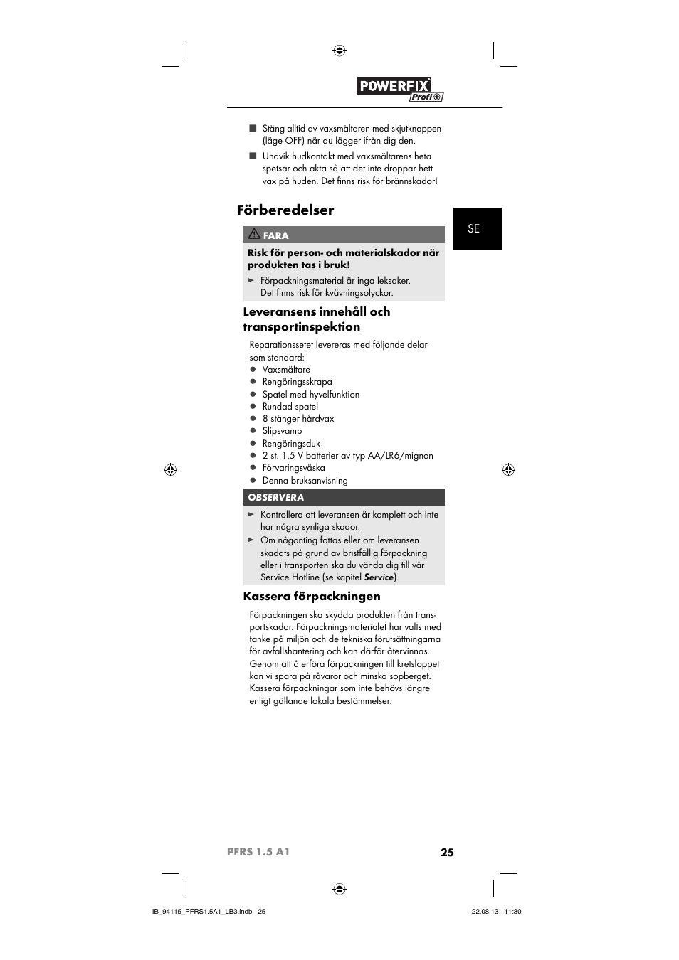 Förberedelser, Leveransens innehåll och transportinspektion, Kassera förpackningen | Powerfix PFRS 1.5 A1 User Manual | Page 28 / 74