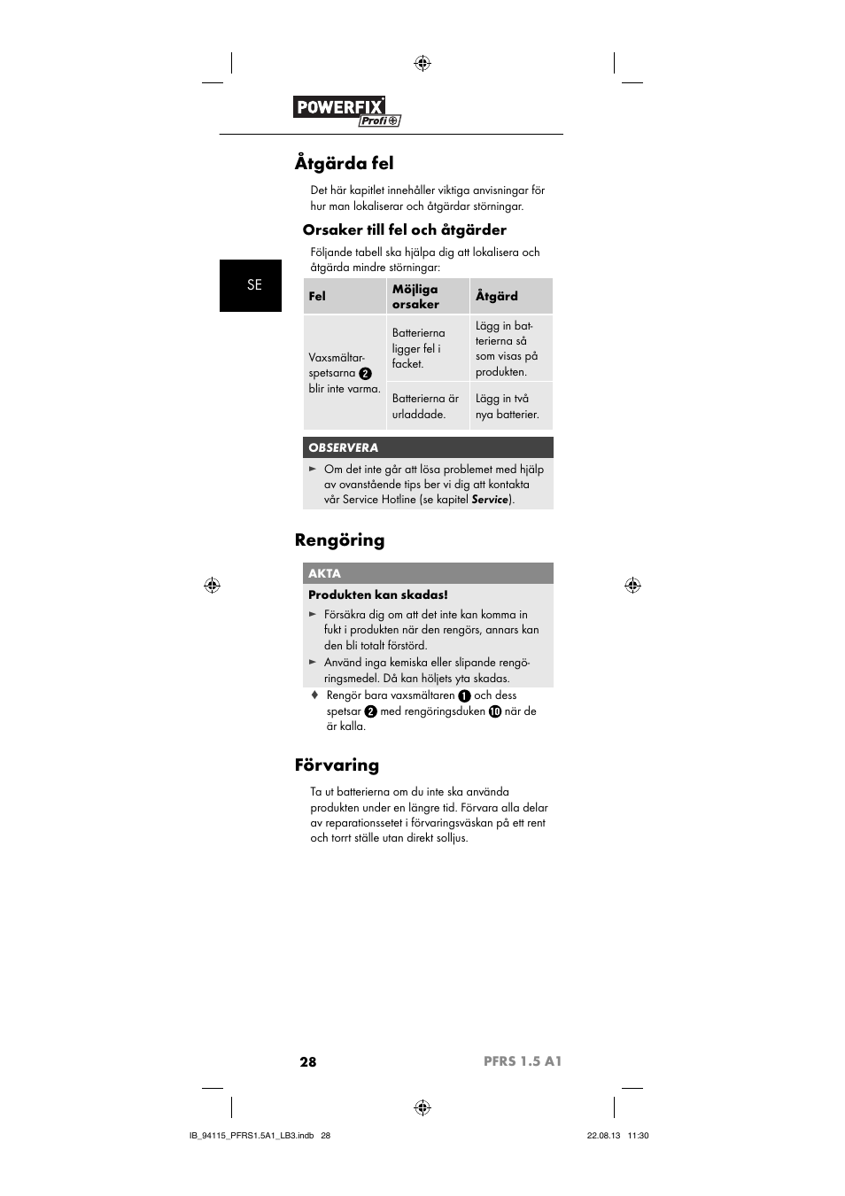 Åtgärda fel, Rengöring, Förvaring | Orsaker till fel och åtgärder | Powerfix PFRS 1.5 A1 User Manual | Page 31 / 74