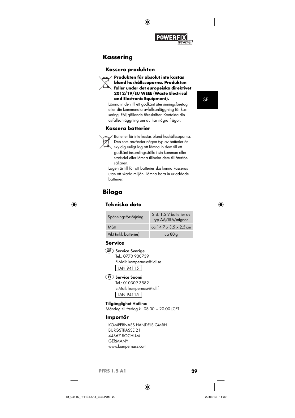 Kassering, Bilaga, Kassera produkten | Kassera batterier, Tekniska data, Service, Importör | Powerfix PFRS 1.5 A1 User Manual | Page 32 / 74