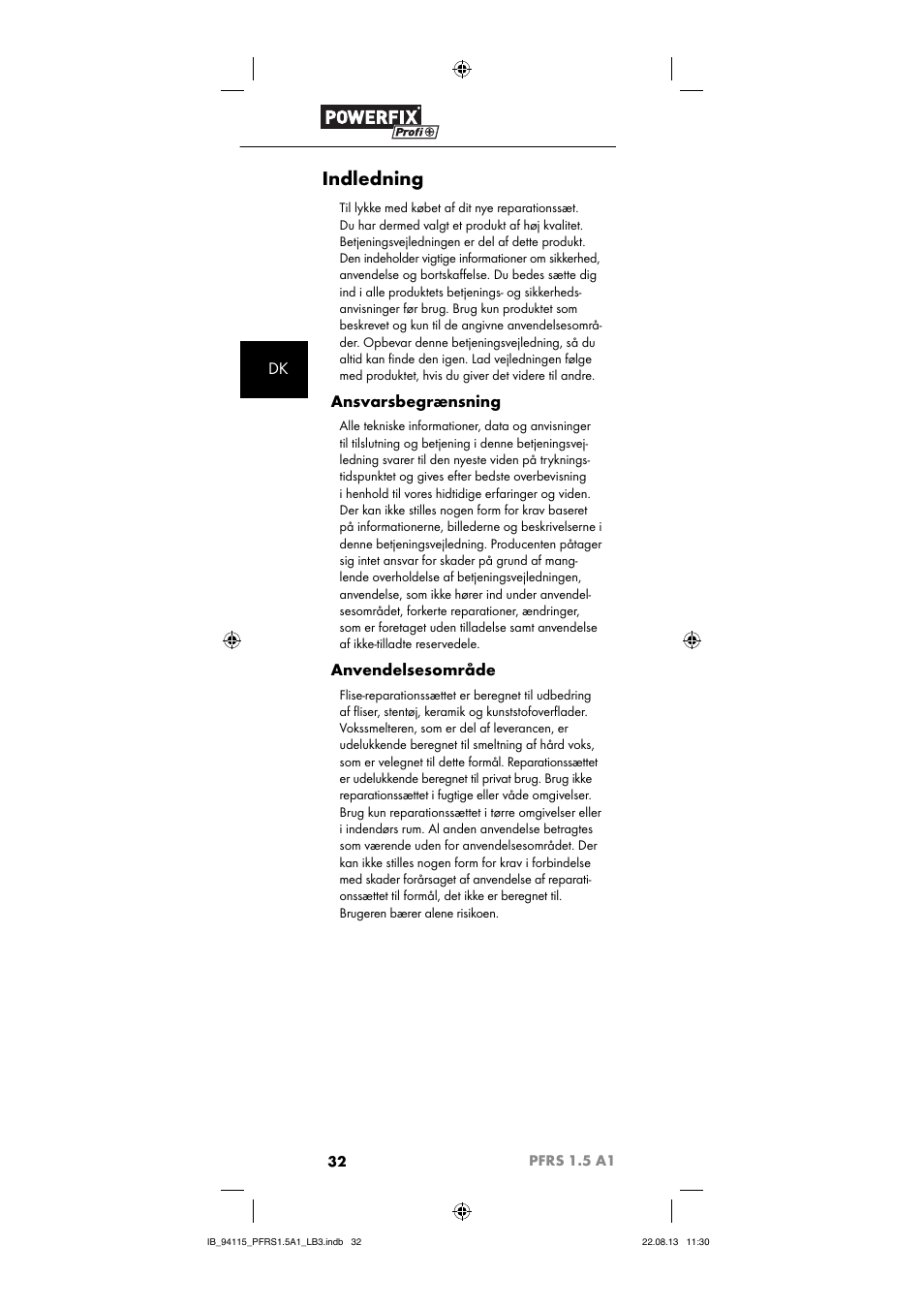 Indledning, Ansvarsbegrænsning, Anvendelsesområde | Powerfix PFRS 1.5 A1 User Manual | Page 35 / 74