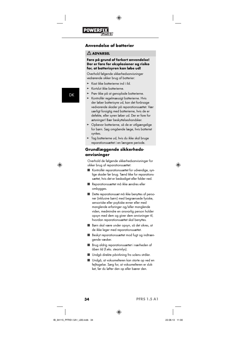 Dk anvendelse af batterier, Grundlæggende sikkerheds- anvisninger | Powerfix PFRS 1.5 A1 User Manual | Page 37 / 74