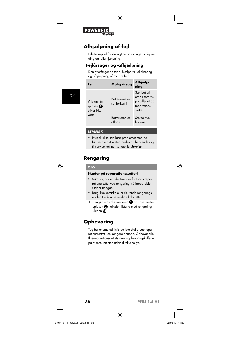 Afhjælpning af fejl, Rengøring, Opbevaring | Fejlårsager og -afhjælpning | Powerfix PFRS 1.5 A1 User Manual | Page 41 / 74