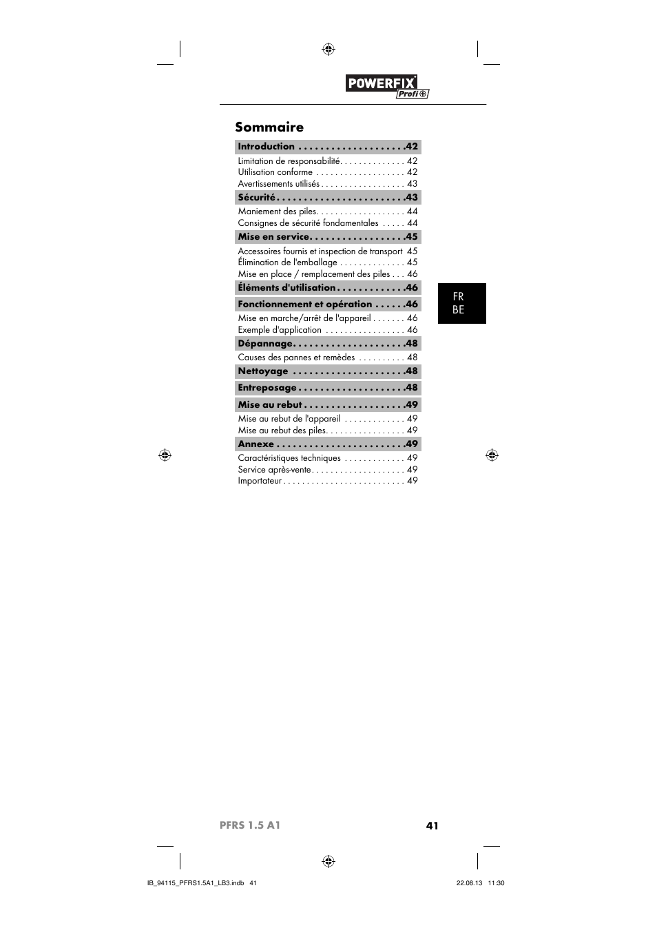 Sommaire, Fr be | Powerfix PFRS 1.5 A1 User Manual | Page 44 / 74