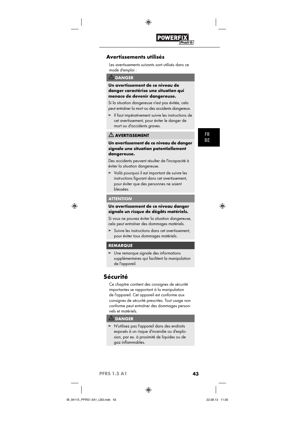 Sécurité, Fr be avertissements utilisés | Powerfix PFRS 1.5 A1 User Manual | Page 46 / 74