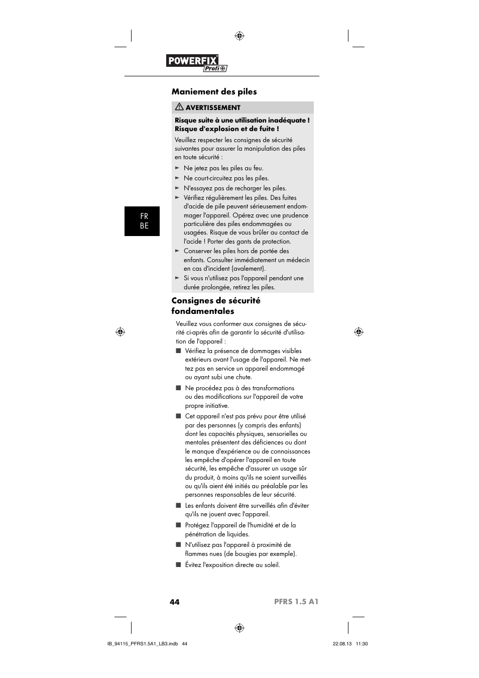 Fr be maniement des piles, Consignes de sécurité fondamentales | Powerfix PFRS 1.5 A1 User Manual | Page 47 / 74