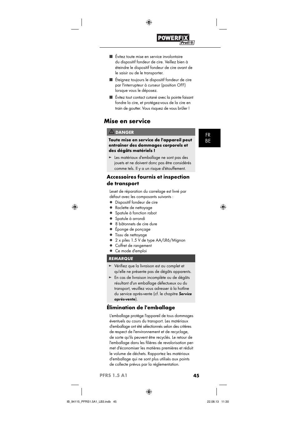 Mise en service, Fr be, Accessoires fournis et inspection de transport | Élimination de l'emballage | Powerfix PFRS 1.5 A1 User Manual | Page 48 / 74