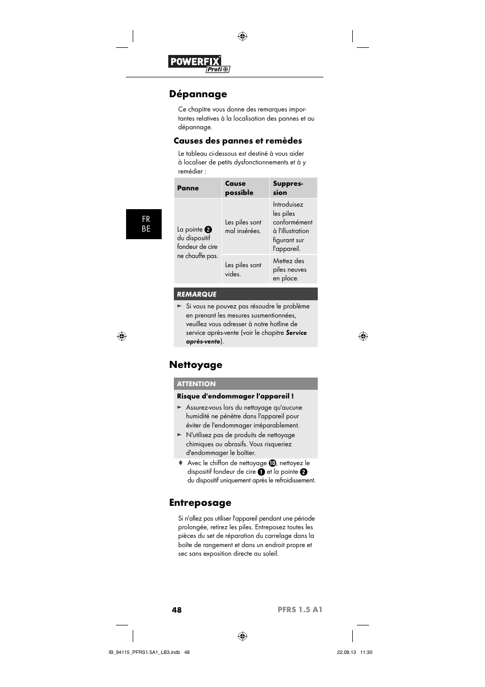 Dépannage, Nettoyage, Entreposage | Fr be, Causes des pannes et remèdes | Powerfix PFRS 1.5 A1 User Manual | Page 51 / 74