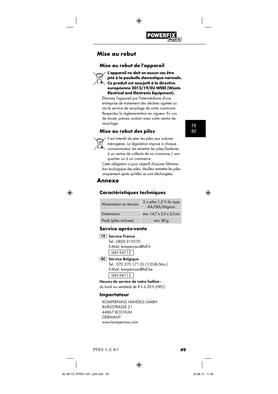 Mise au rebut, Annexe, Fr be | Mise au rebut de l'appareil, Mise au rebut des piles, Caractéristiques techniques, Service après-vente, Importateur | Powerfix PFRS 1.5 A1 User Manual | Page 52 / 74