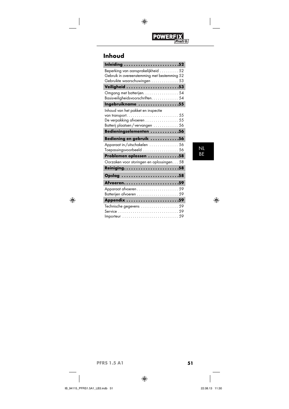 Inhoud, Nl be | Powerfix PFRS 1.5 A1 User Manual | Page 54 / 74