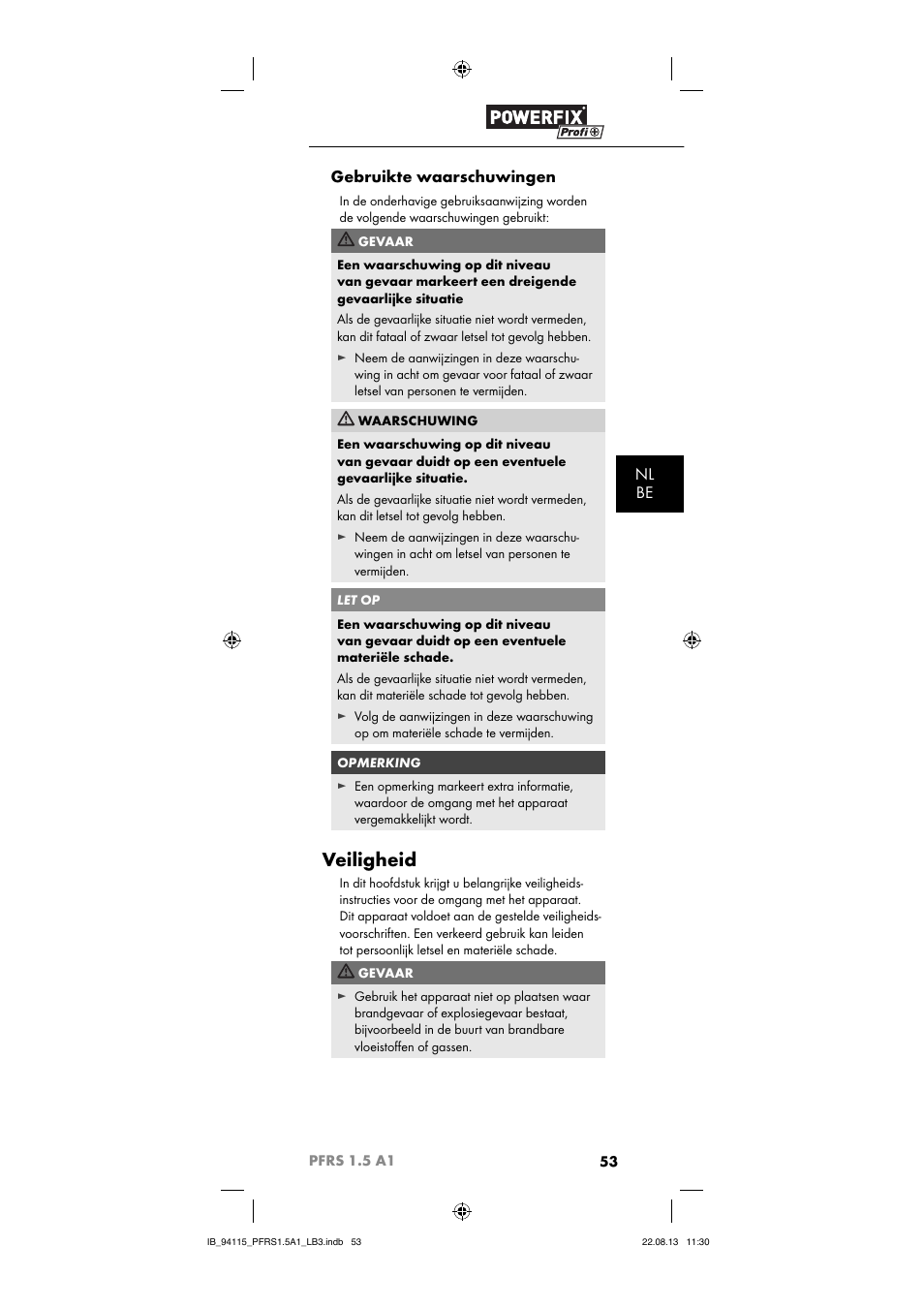 Veiligheid, Nl be gebruikte waarschuwingen | Powerfix PFRS 1.5 A1 User Manual | Page 56 / 74