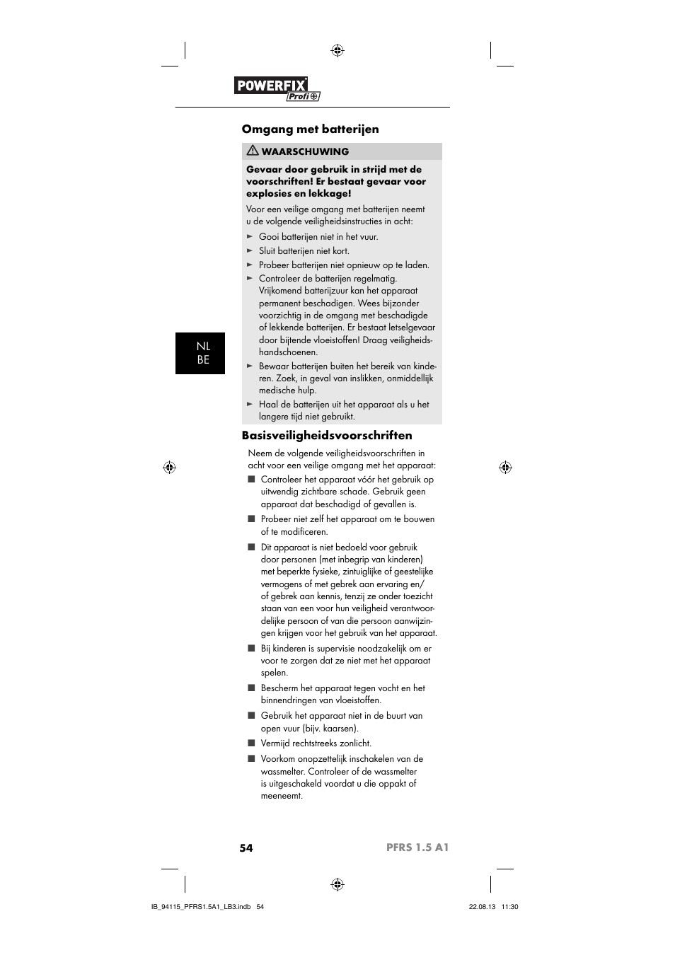 Nl be omgang met batterijen, Basisveiligheidsvoorschriften | Powerfix PFRS 1.5 A1 User Manual | Page 57 / 74