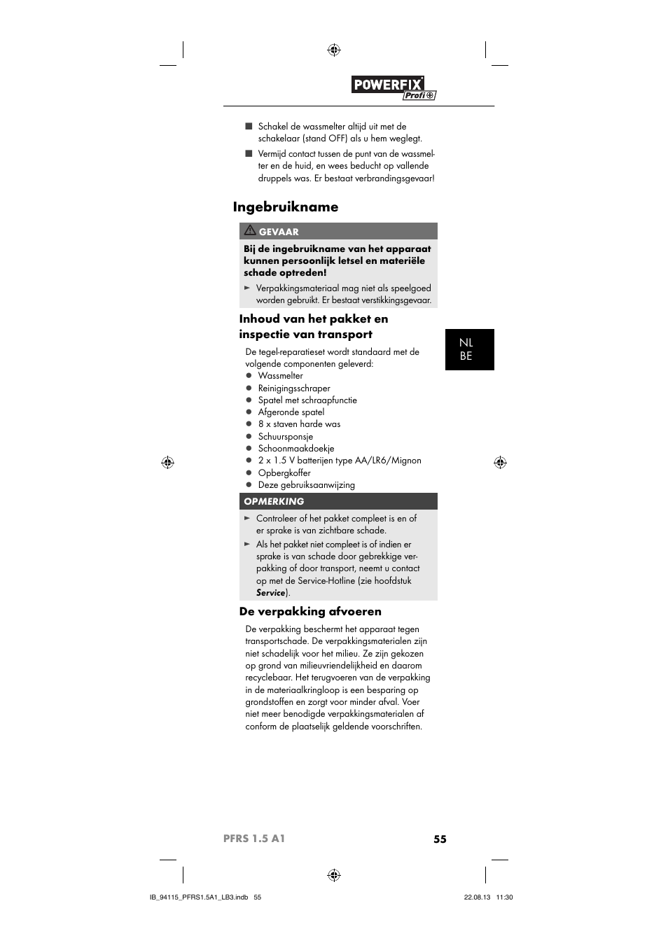 Ingebruikname, Nl be, Inhoud van het pakket en inspectie van transport | De verpakking afvoeren | Powerfix PFRS 1.5 A1 User Manual | Page 58 / 74