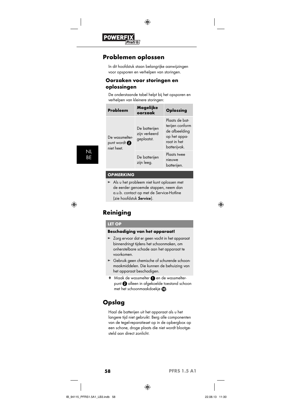 Problemen oplossen, Reiniging, Opslag | Nl be, Oorzaken voor storingen en oplossingen | Powerfix PFRS 1.5 A1 User Manual | Page 61 / 74