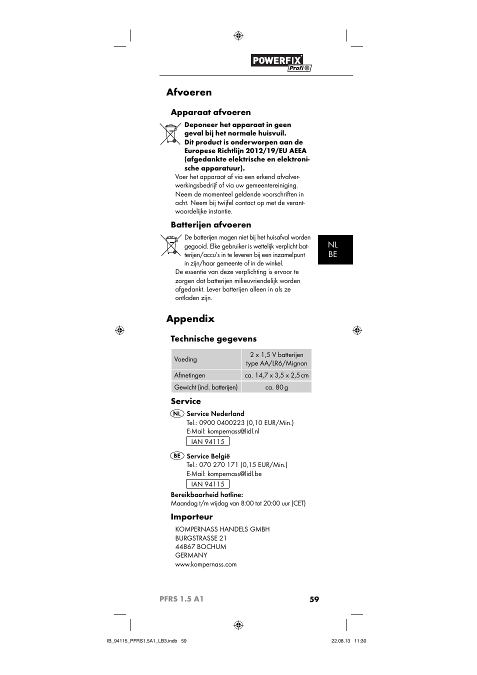 Afvoeren, Appendix, Nl be | Apparaat afvoeren, Batterijen afvoeren, Technische gegevens, Service, Importeur | Powerfix PFRS 1.5 A1 User Manual | Page 62 / 74