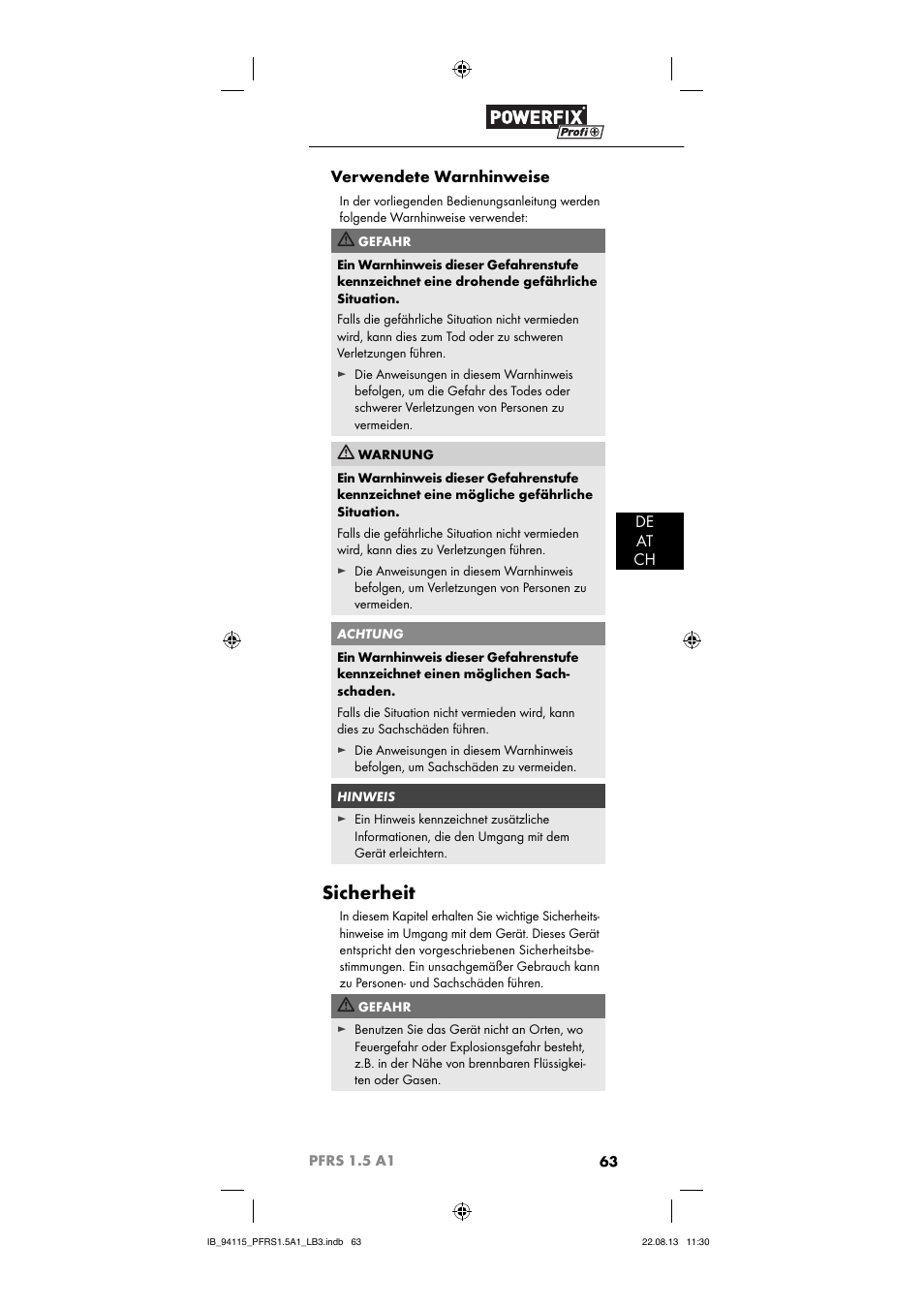 Sicherheit, De at ch verwendete warnhinweise | Powerfix PFRS 1.5 A1 User Manual | Page 66 / 74