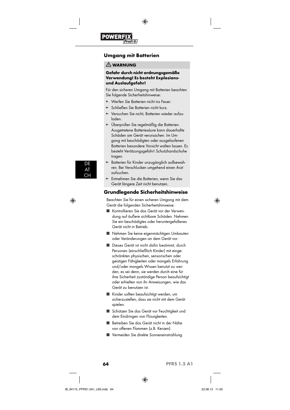 De at ch umgang mit batterien, Grundlegende sicherheitshinweise | Powerfix PFRS 1.5 A1 User Manual | Page 67 / 74