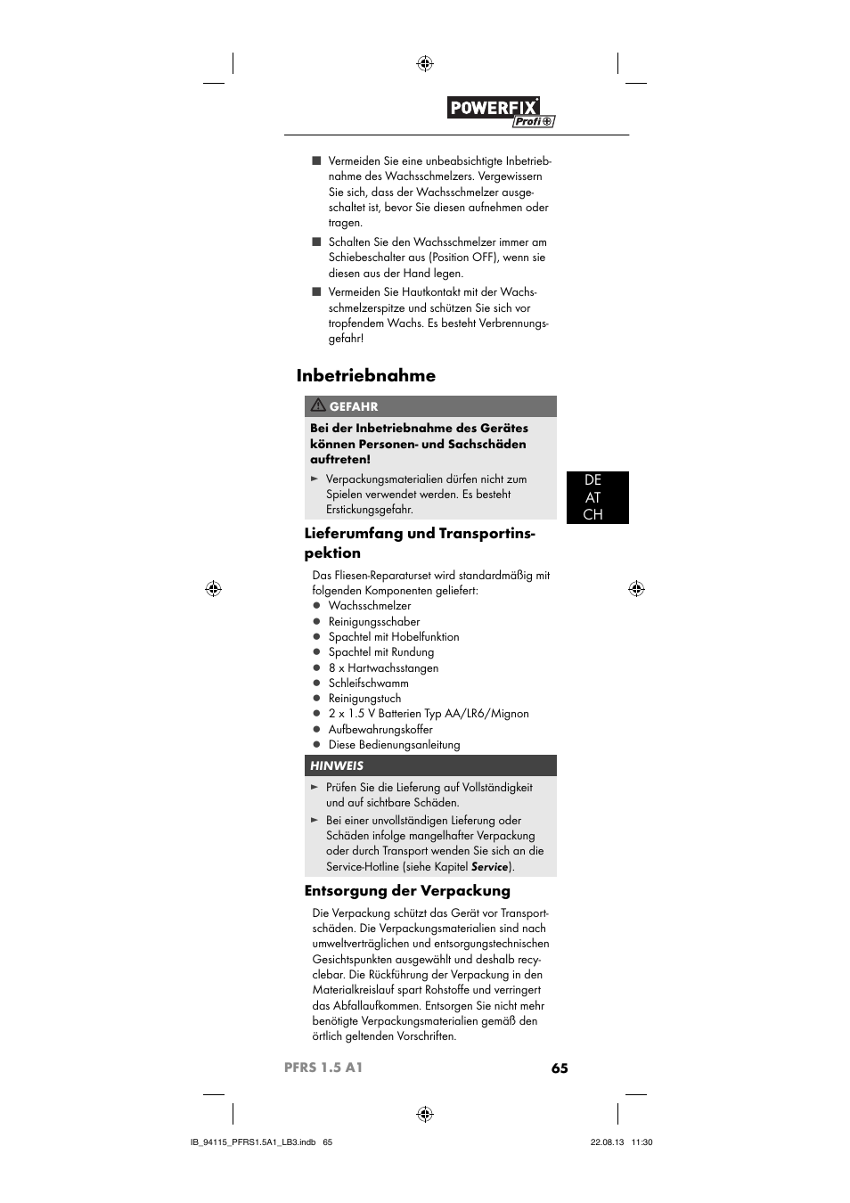 Inbetriebnahme, De at ch, Lieferumfang und transportins- pektion | Entsorgung der verpackung | Powerfix PFRS 1.5 A1 User Manual | Page 68 / 74