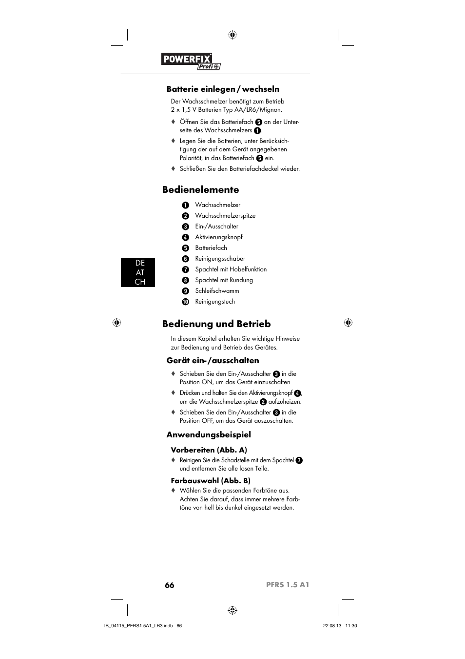 Bedienelemente, Bedienung und betrieb, De at ch batterie einlegen / wechseln | Gerät ein- /ausschalten, Anwendungsbeispiel | Powerfix PFRS 1.5 A1 User Manual | Page 69 / 74