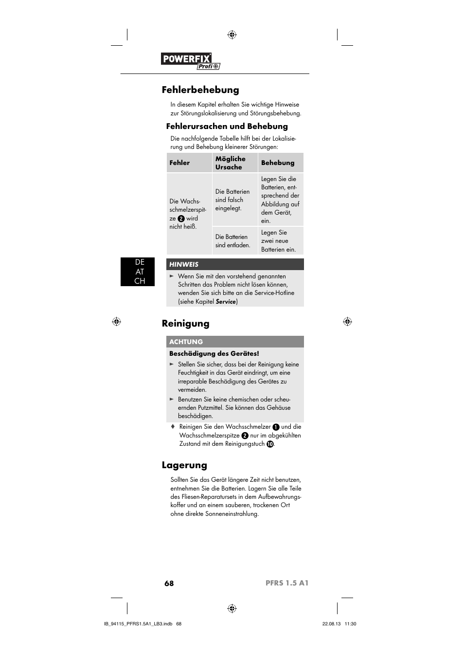 Fehlerbehebung, Reinigung, Lagerung | De at ch, Fehlerursachen und behebung | Powerfix PFRS 1.5 A1 User Manual | Page 71 / 74