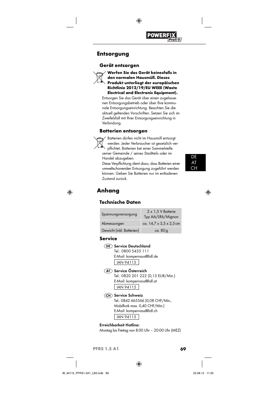 Entsorgung, Anhang, De at ch | Gerät entsorgen, Batterien entsorgen, Technische daten, Service | Powerfix PFRS 1.5 A1 User Manual | Page 72 / 74