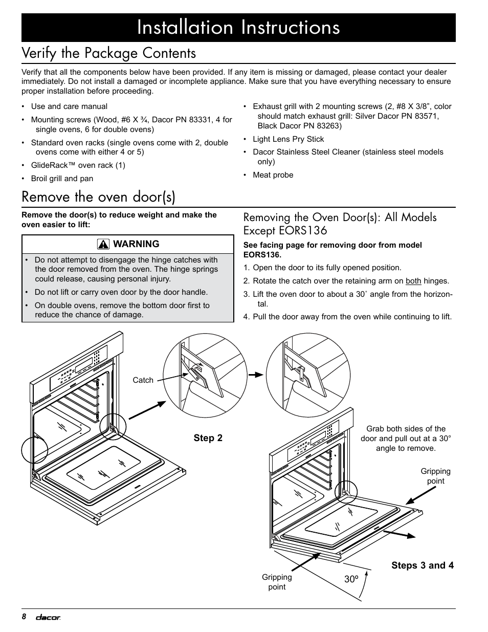 Installation instructions, Verify the package contents, Remove the oven door(s) | Dacor EOR User Manual | Page 10 / 20