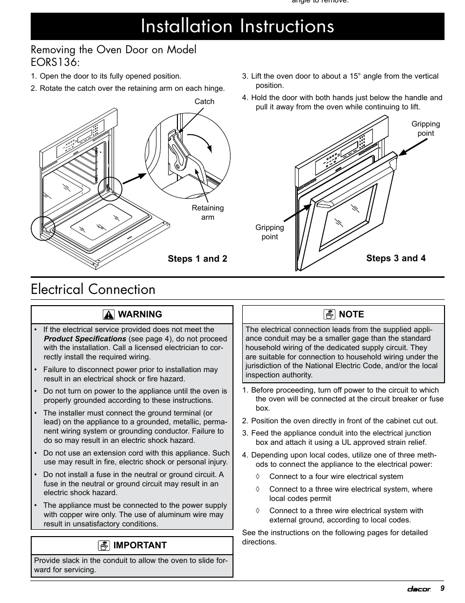 Installation instructions, Electrical connection, Removing the oven door on model eors136 | Dacor EOR User Manual | Page 11 / 20