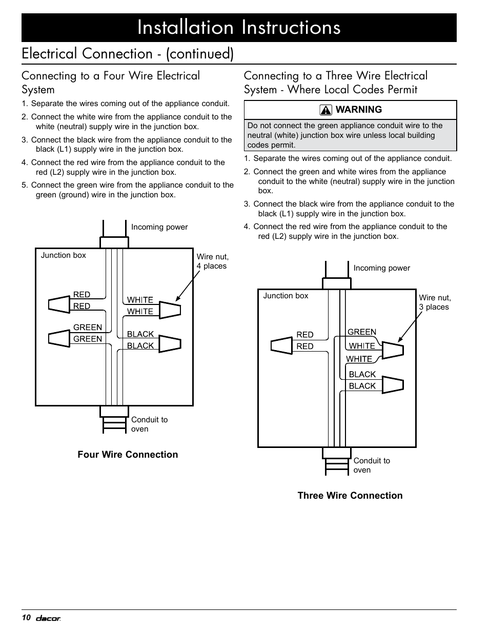 Installation instructions, Electrical connection - (continued), Connecting to a four wire electrical system | Dacor EOR User Manual | Page 12 / 20