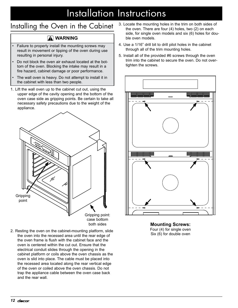 Installation instructions, Installing the oven in the cabinet | Dacor EOR User Manual | Page 14 / 20