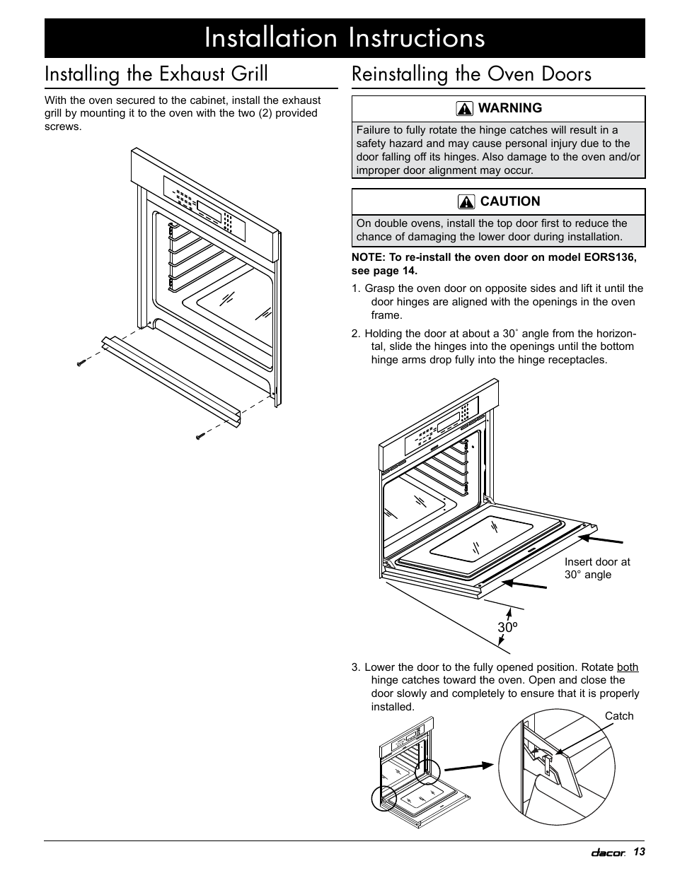 Installation instructions, Reinstalling the oven doors, Installing the exhaust grill | Dacor EOR User Manual | Page 15 / 20