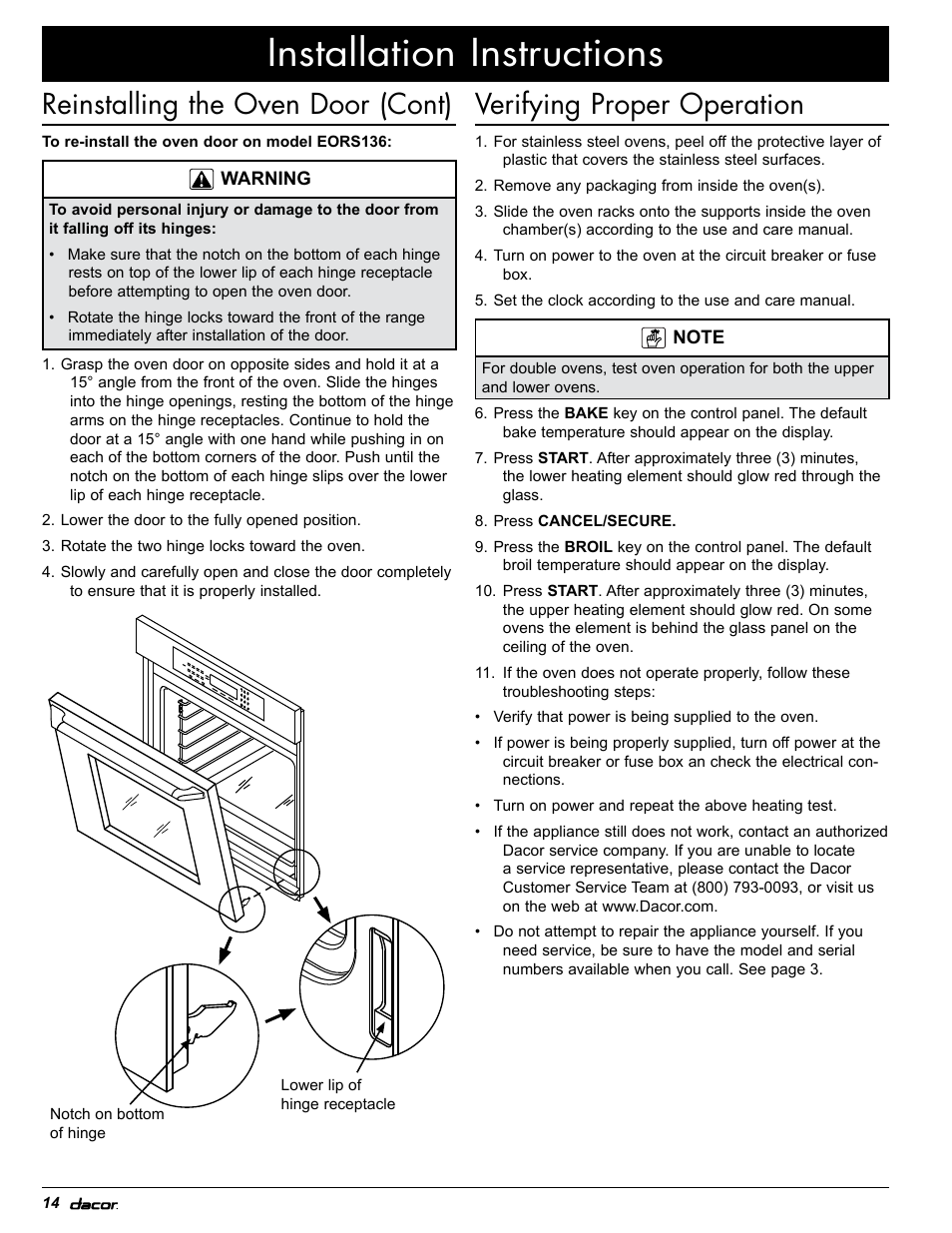 Installation instructions, Verifying proper operation, Reinstalling the oven door (cont) | Dacor EOR User Manual | Page 16 / 20