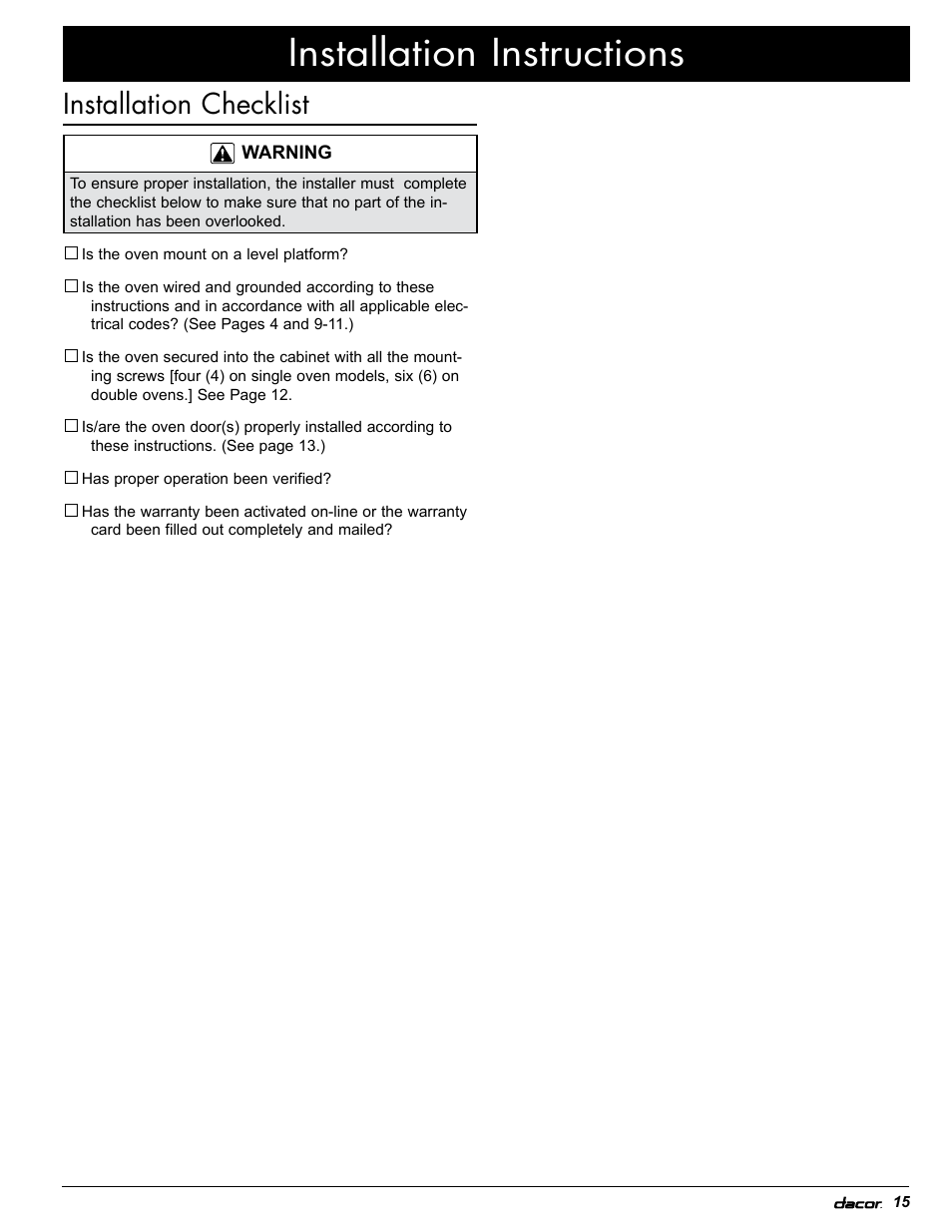 Installation instructions, Installation checklist | Dacor EOR User Manual | Page 17 / 20