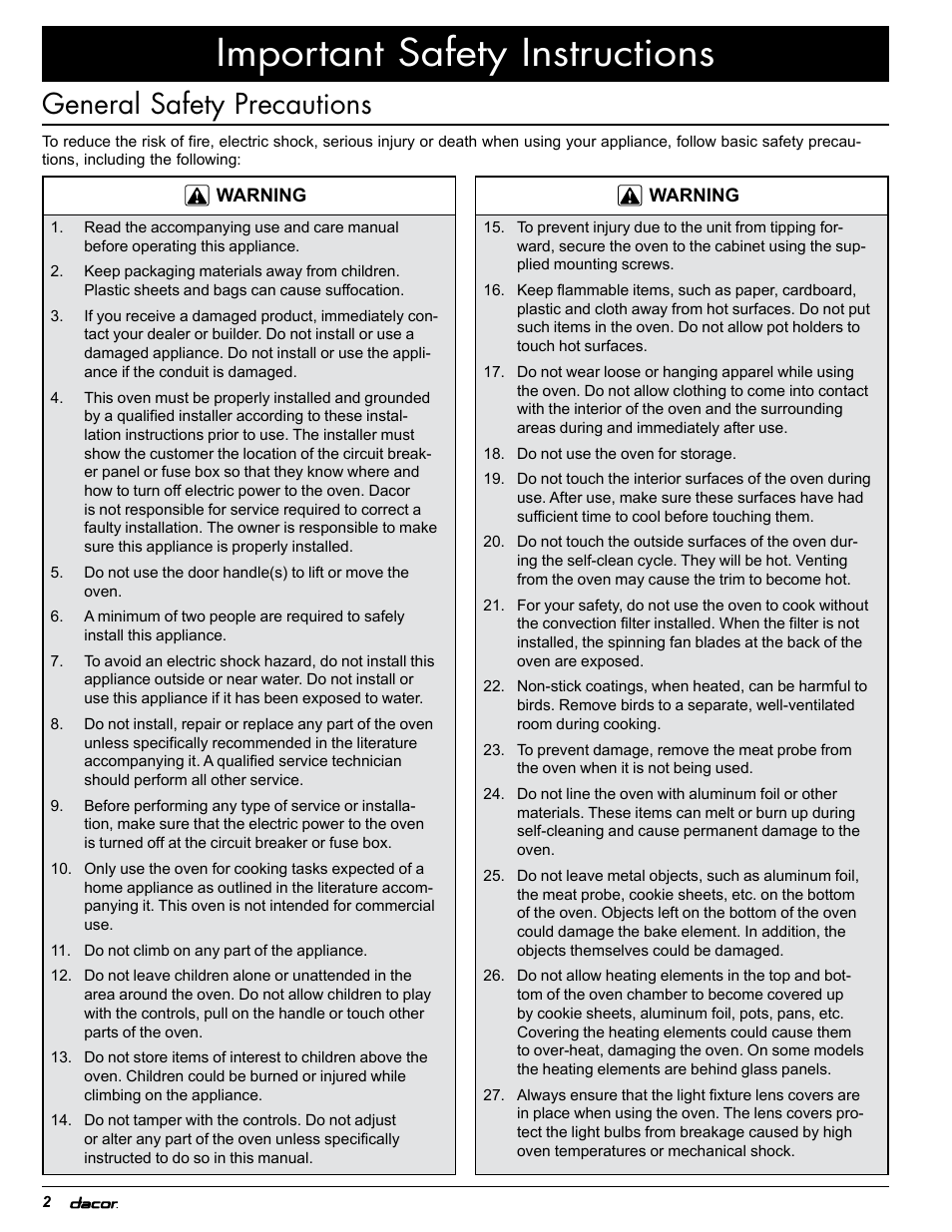 Important safety instructions, General safety precautions | Dacor EOR User Manual | Page 4 / 20