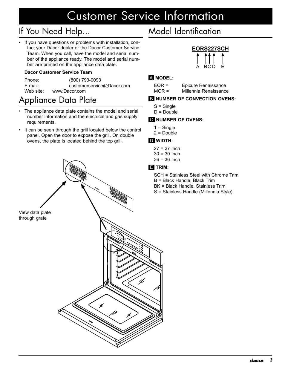 Customer service information, If you need help, Appliance data plate | Model identification | Dacor EOR User Manual | Page 5 / 20