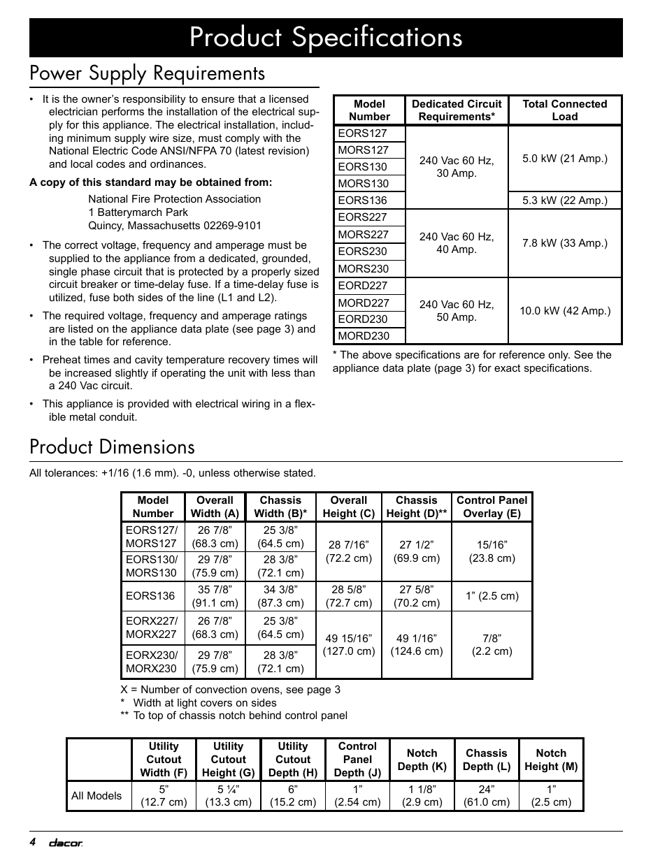 Product specifications, Power supply requirements, Product dimensions | Dacor EOR User Manual | Page 6 / 20