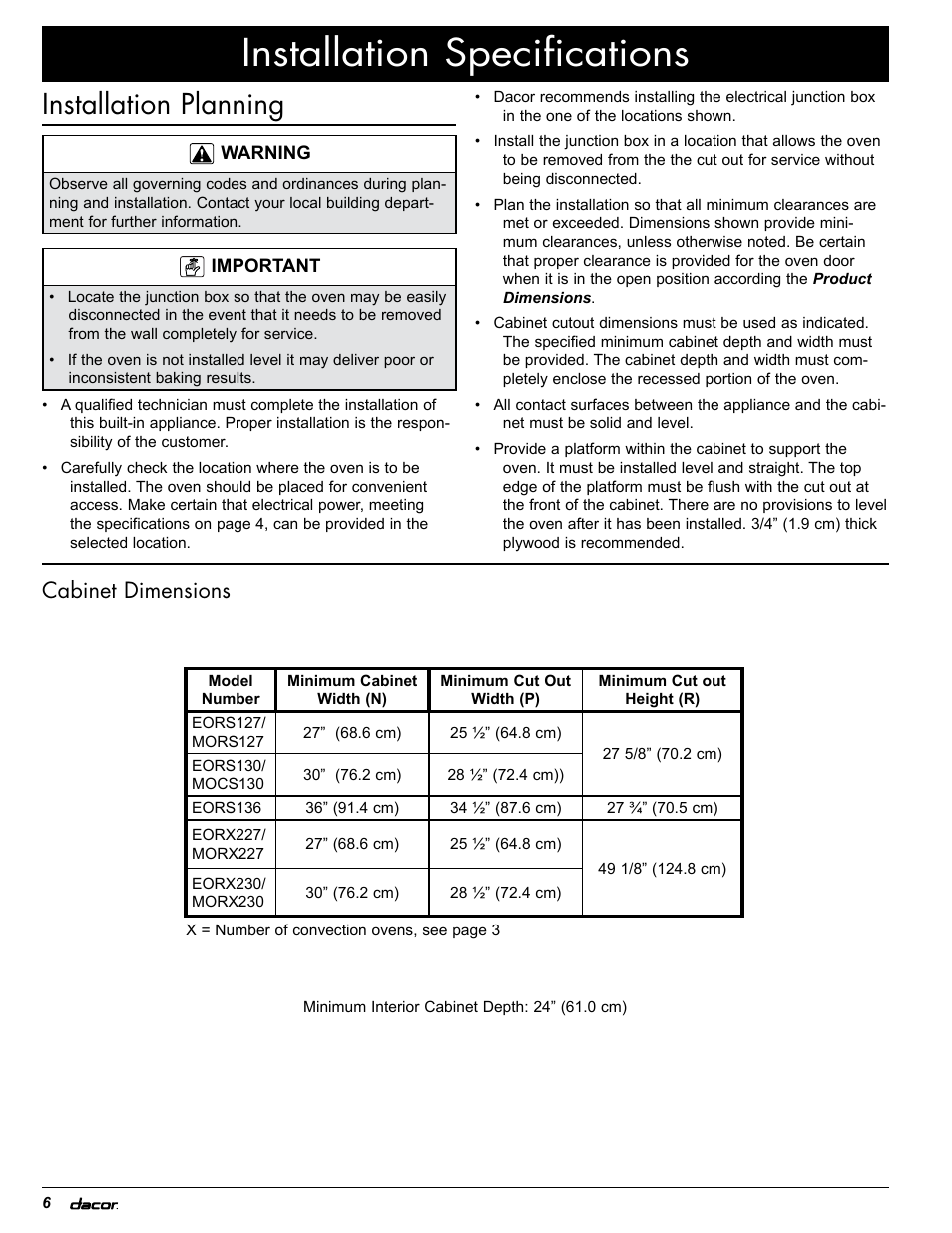 Installation specifications, Installation planning, Cabinet dimensions | Dacor EOR User Manual | Page 8 / 20