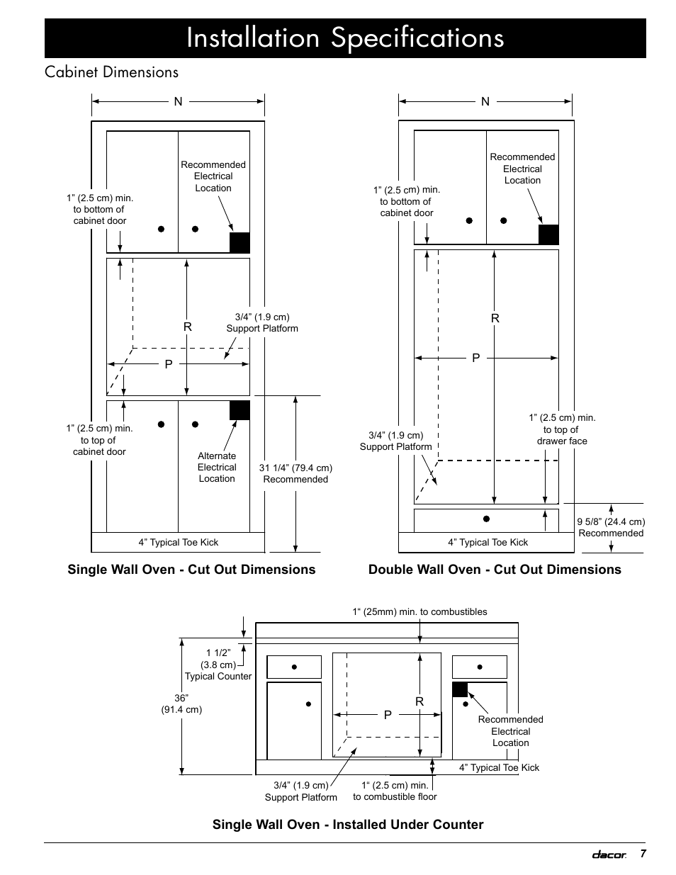 Installation specifications, Cabinet dimensions | Dacor EOR User Manual | Page 9 / 20