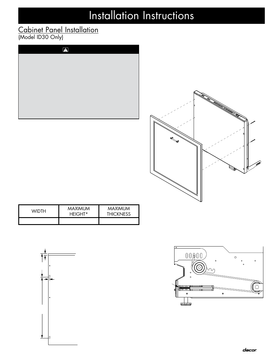 Installation instructions, Cabinet panel installation | Dacor ID30 User Manual | Page 11 / 16