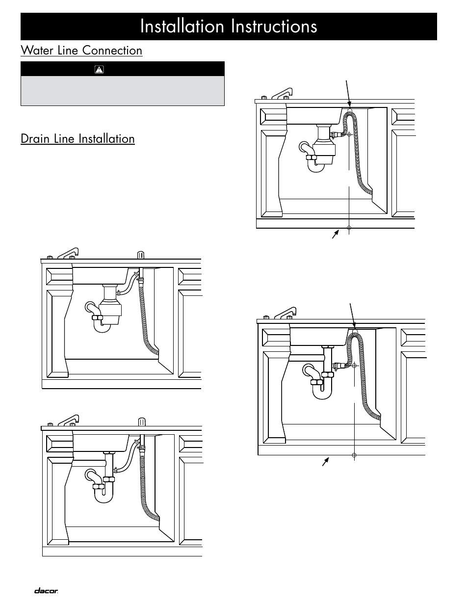 Installation instructions, Water line connection, Drain line installation | Dacor ID30 User Manual | Page 12 / 16