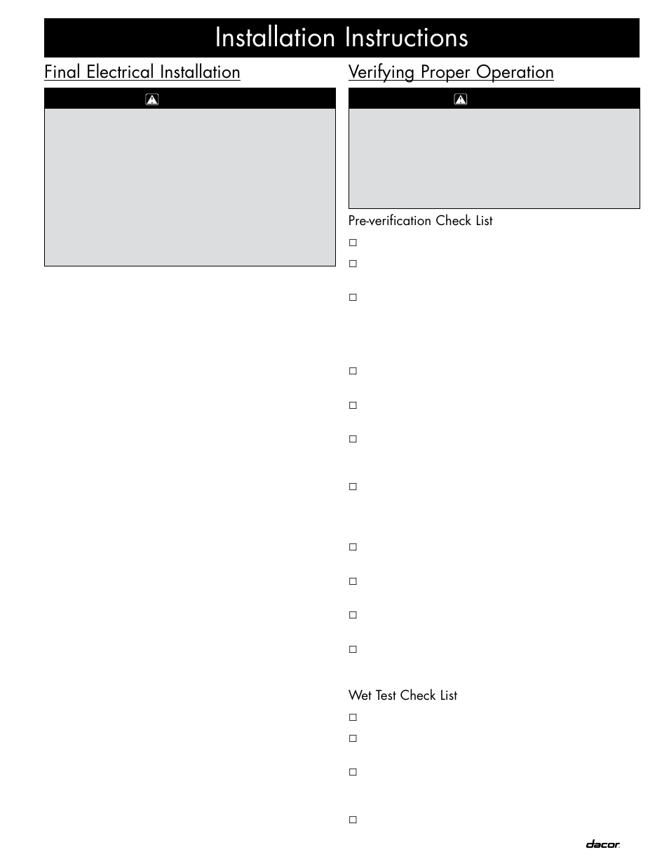 Installation instructions, Final electrical installation, Verifying proper operation | Dacor ID30 User Manual | Page 13 / 16