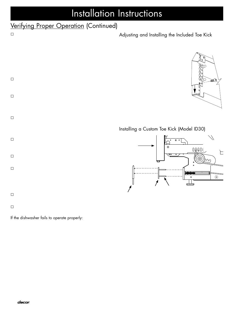 Installation instructions, Verifying proper operation (continued) | Dacor ID30 User Manual | Page 14 / 16
