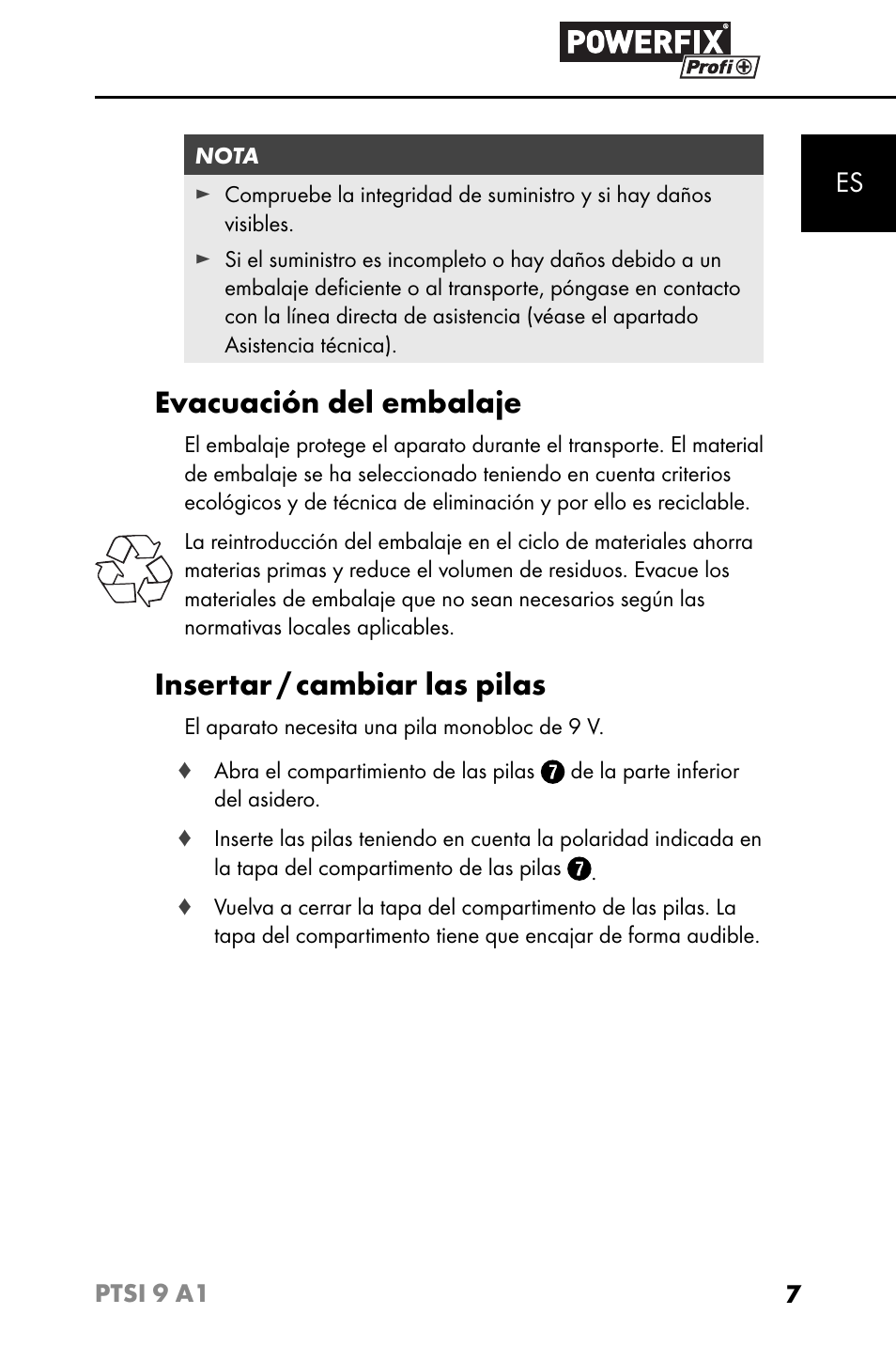 Evacuación del embalaje, Insertar / cambiar las pilas | Powerfix PTSI 9 A1 User Manual | Page 10 / 83