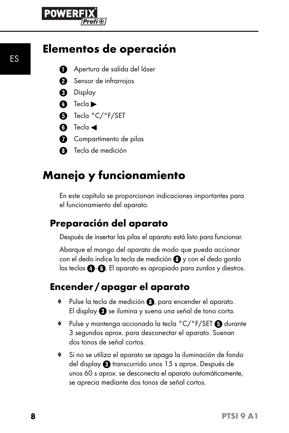Elementos de operación, Manejo y funcionamiento, Preparación del aparato | Encender / apagar el aparato | Powerfix PTSI 9 A1 User Manual | Page 11 / 83