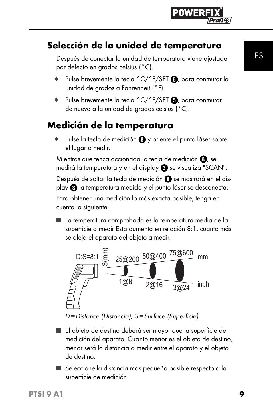Selección de la unidad de temperatura, Medición de la temperatura | Powerfix PTSI 9 A1 User Manual | Page 12 / 83