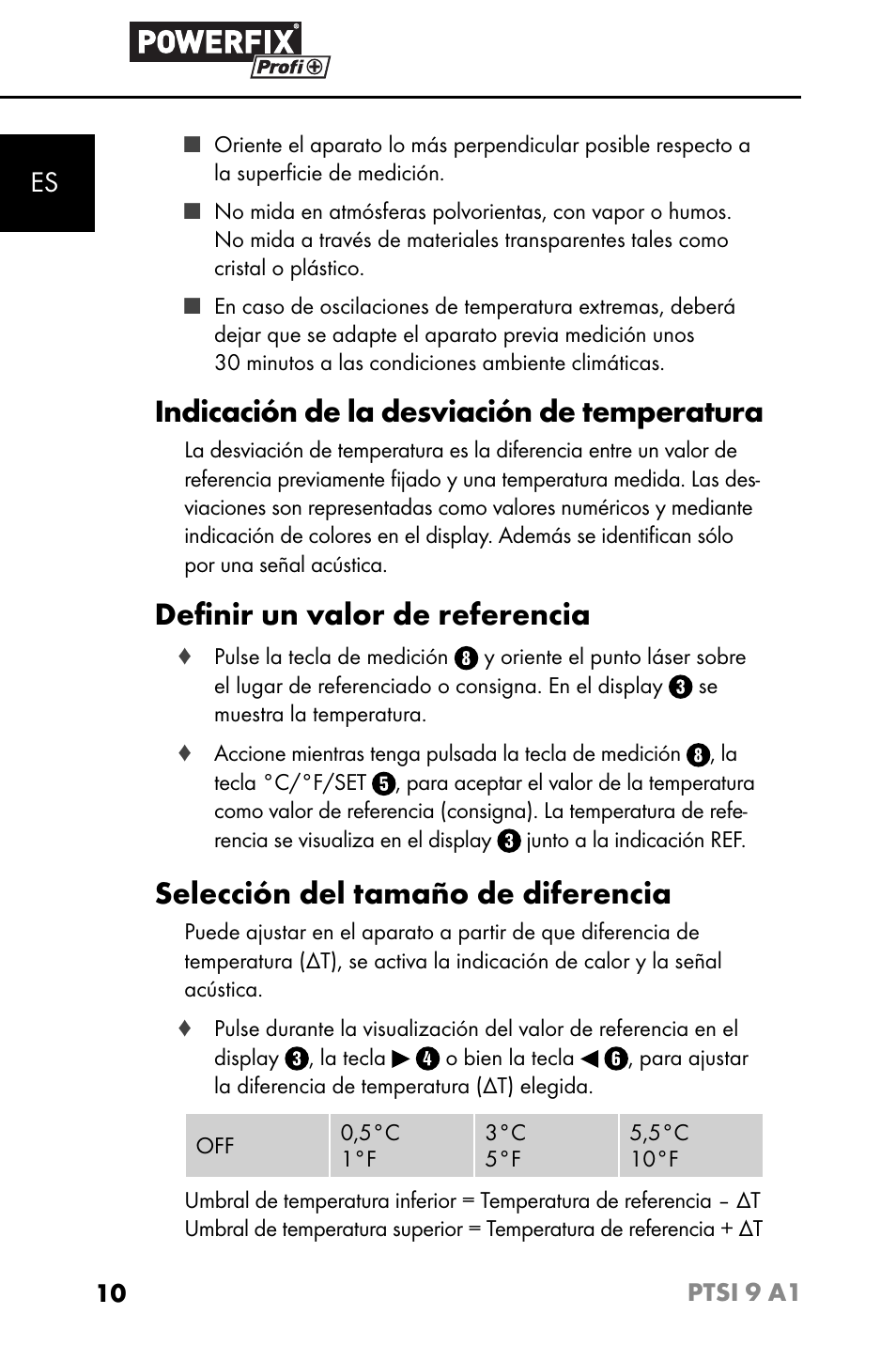 Indicación de la desviación de temperatura, Deﬁ nir un valor de referencia, Selección del tamaño de diferencia | Powerfix PTSI 9 A1 User Manual | Page 13 / 83