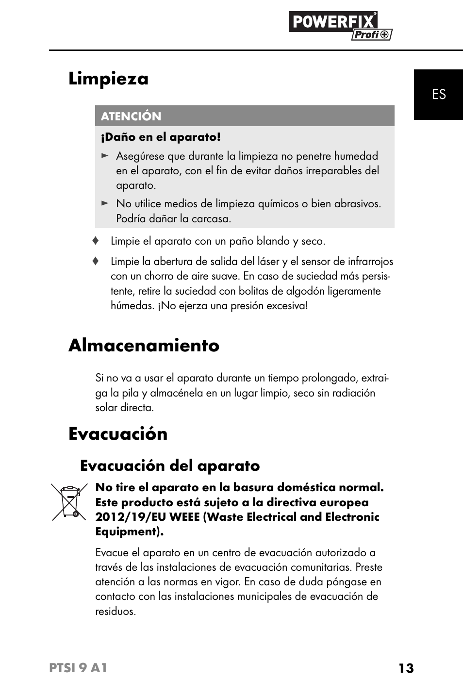 Limpieza, Almacenamiento, Evacuación | Evacuación del aparato | Powerfix PTSI 9 A1 User Manual | Page 16 / 83