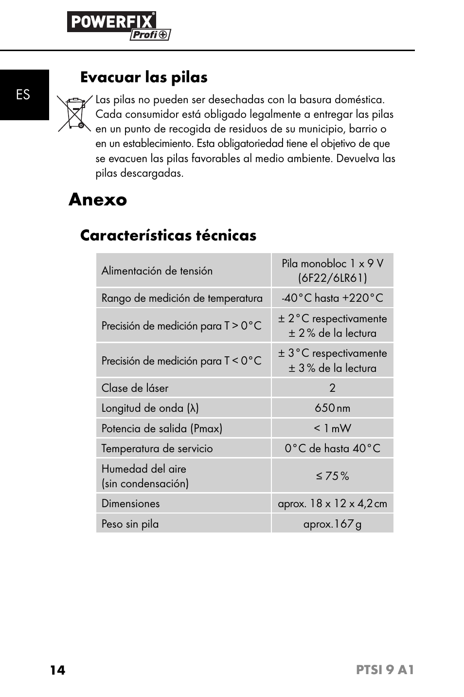 Anexo, Evacuar las pilas, Características técnicas | Powerfix PTSI 9 A1 User Manual | Page 17 / 83