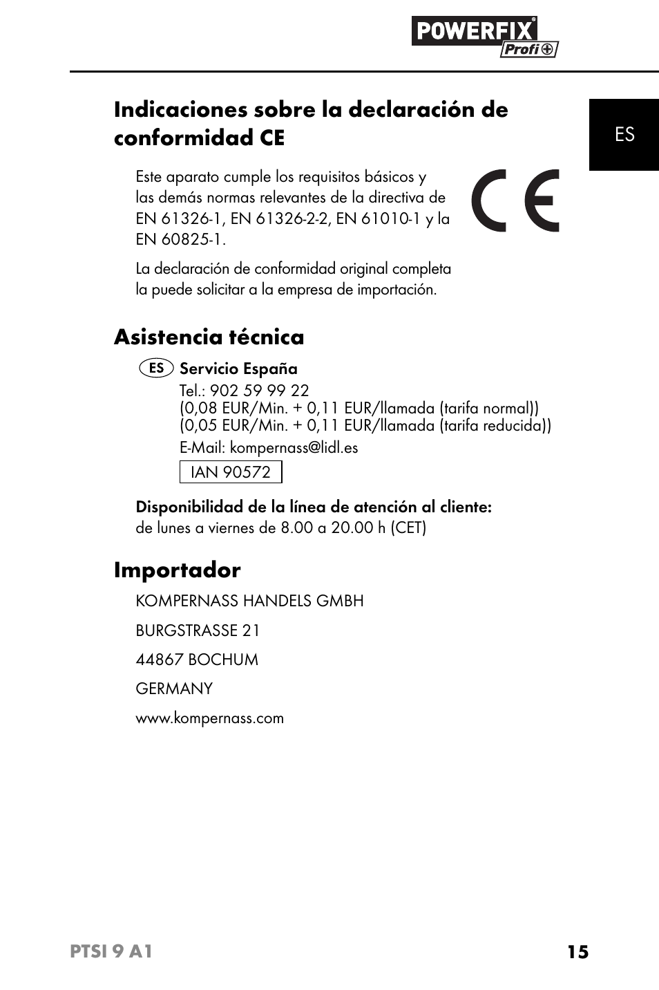 Asistencia técnica, Importador | Powerfix PTSI 9 A1 User Manual | Page 18 / 83