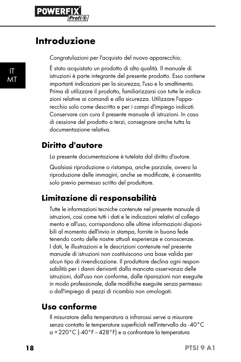 Introduzione, Diritto d'autore, Limitazione di responsabilità | Uso conforme | Powerfix PTSI 9 A1 User Manual | Page 21 / 83