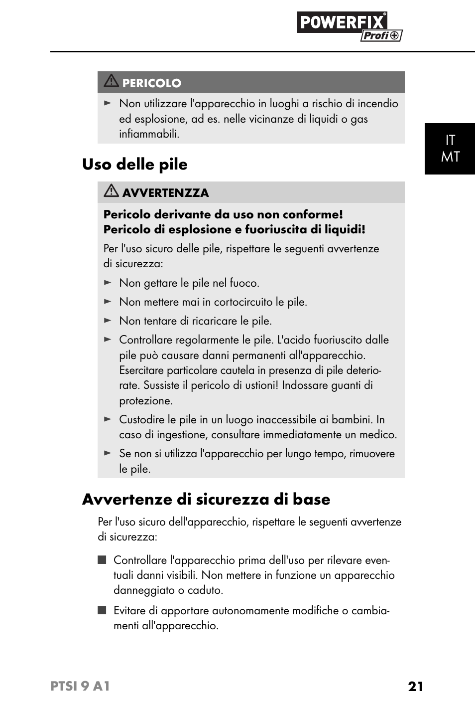 Uso delle pile, Avvertenze di sicurezza di base, It mt | Powerfix PTSI 9 A1 User Manual | Page 24 / 83